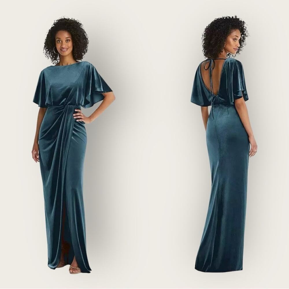 NWT | After Six | Flutter Sleeve Velvet Maxi Dress | Dutch Blue | 8R